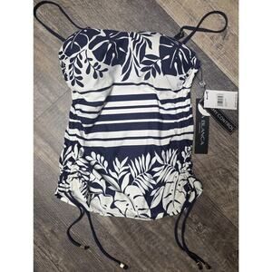 La Blanca US 6 Tummy Control Tankini Top Swimsuit Navy White Striped Floral NWT